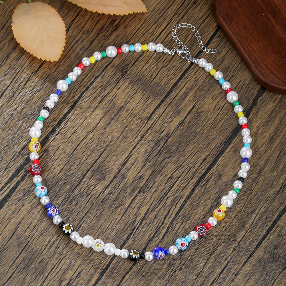 Bohemian Colorful Glass Bead Imitation Pearl Asymmetric Geometric Handmade Necklace for Unisex