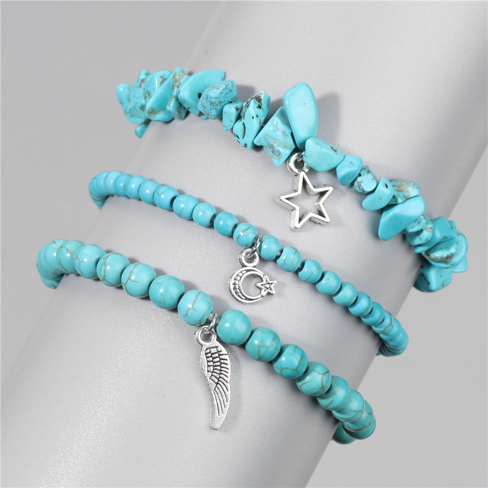 Vintage Amethyst Crystal Chip Beads Bracelet with Star Moon Pendant Geometric Irregular Stone Elastic Multi-Layer Bracelet for Women