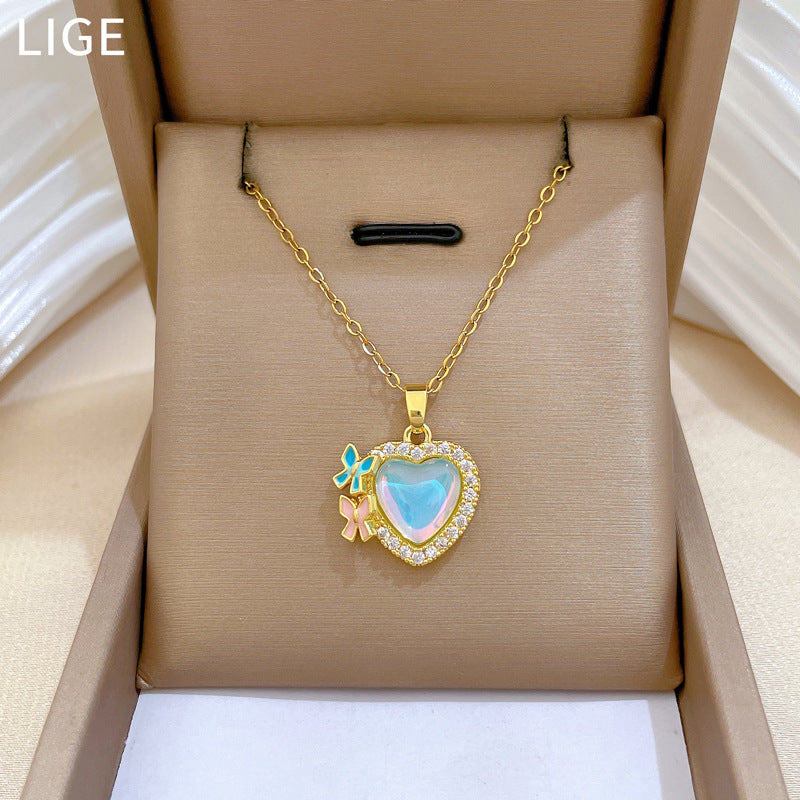 Sweet Colorful Heart Butterfly Geometric Rhinestone Pendant Titanium Steel Necklace for Unisex