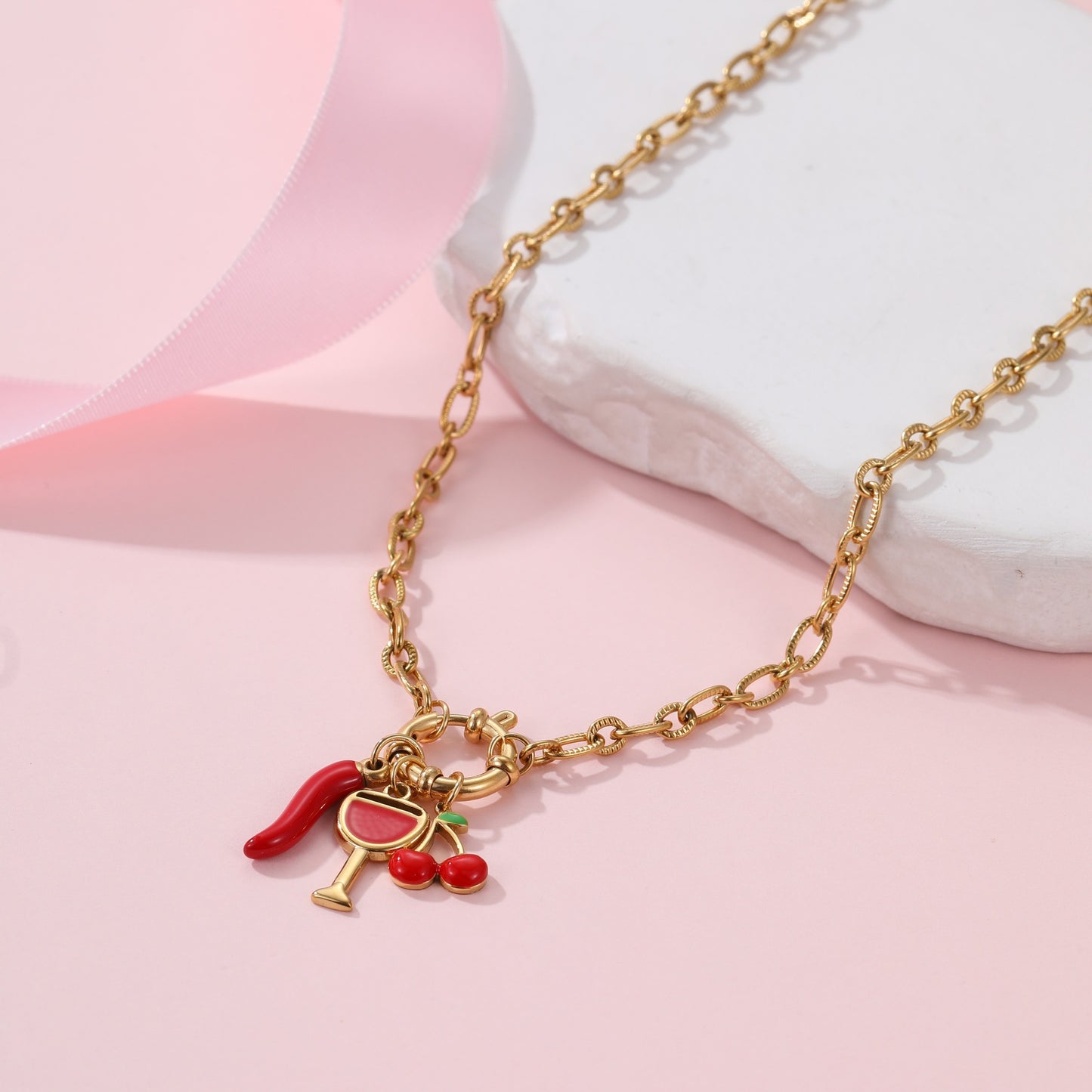 Elegant 18K Gold Plated Stainless Steel Cherry Fruit Charm Bar Necklace for Women