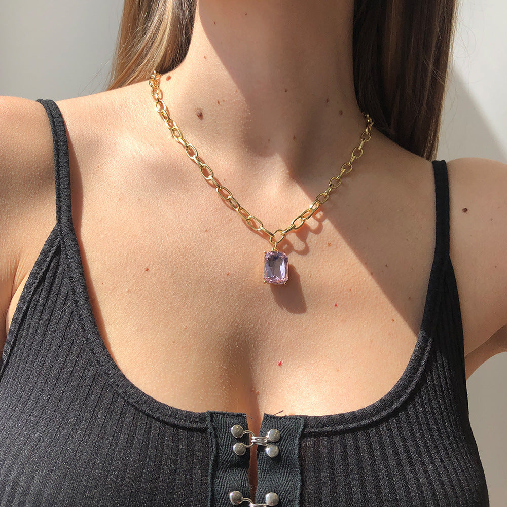 Sweet and Edgy Geometric Pendant Necklace in Alloy with Rhinestone Inlay and Electroplated Finish on Bamboo Chain