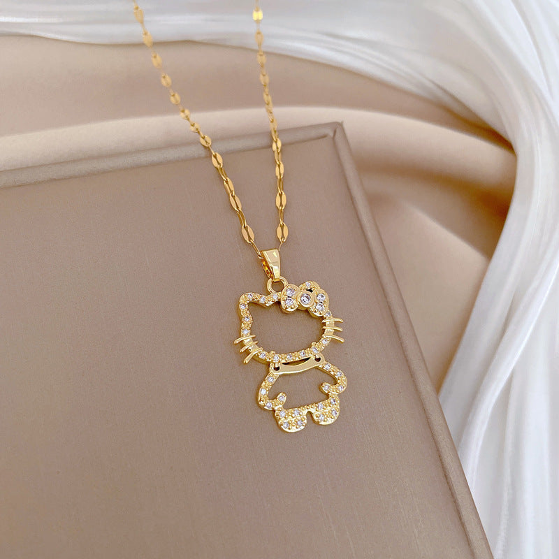 Sweet Minimalist Geometric Cat Rhinestone Pendant Titanium Steel Necklace for Unisex