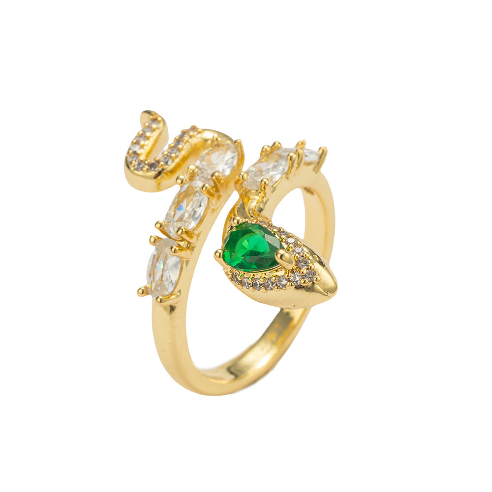 Luxury Minimalist Snake-Shaped Opening Ring in Gold-Plated Copper with Zircon and Emerald Accents for Women