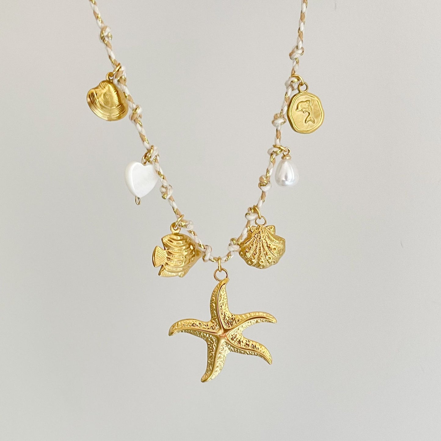 Fresh and Sweet Starfish Pearl Heart Pendant Necklace in Stainless Steel with Plated Finish on Adjustable Cord
