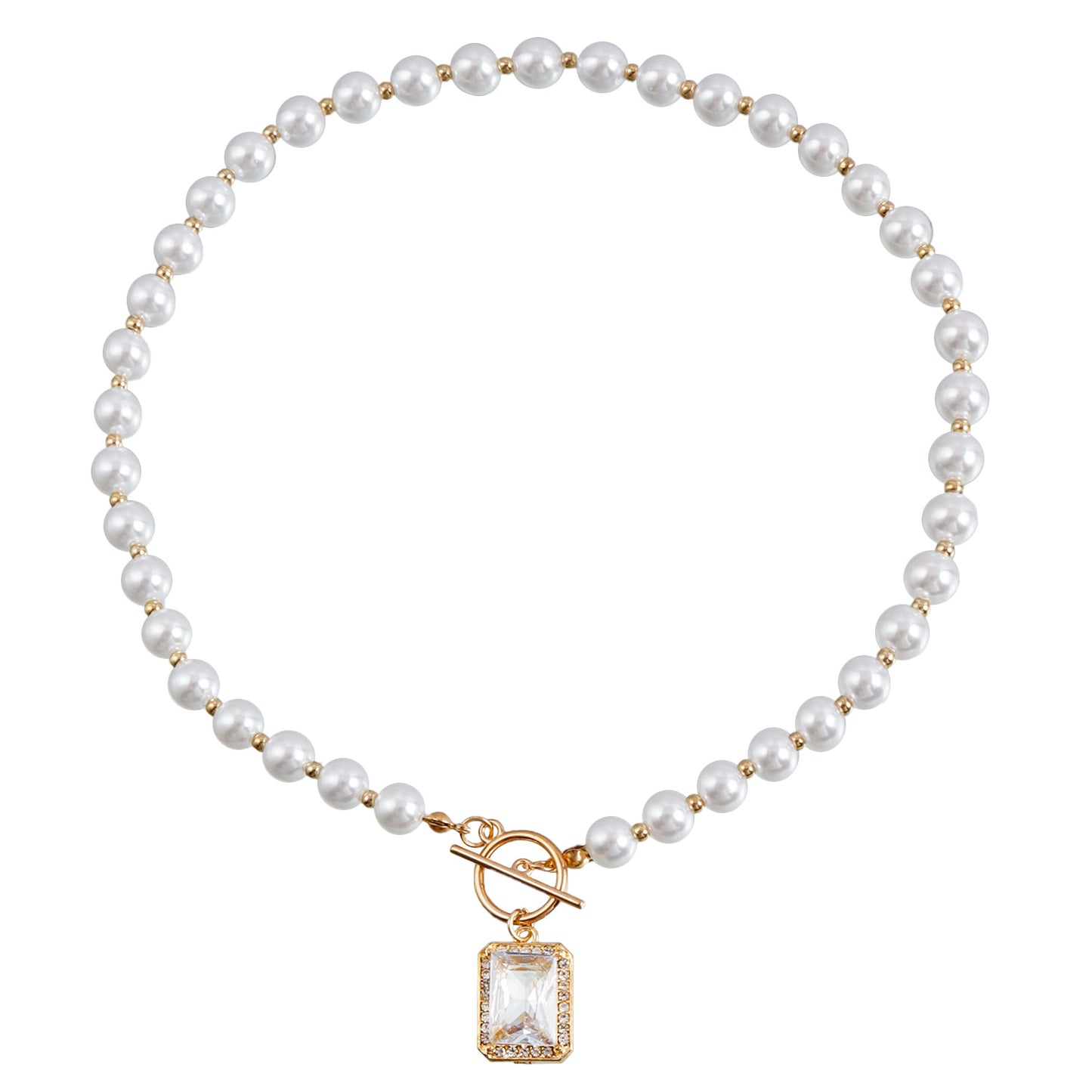 Fashion Minimalist Geometric Rectangle Pearl-Style Pendant Necklace with Rhinestone Accents on Clavicle Chain