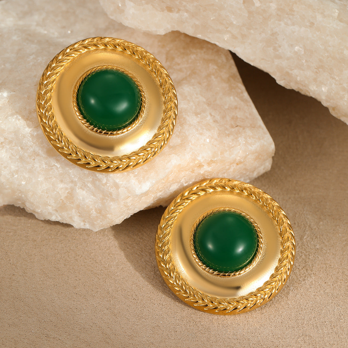 Pendientes Minimalistas Geométricos de Acero Inoxidable con Discos de Ágata Verde Pulida, Estilo Gancho Francés, Joyería de Lujo de Moda para Mujer