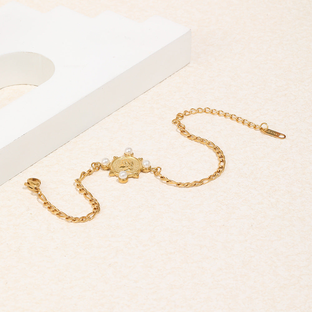 Pulsera de moneda de cadena Fígaro chapada en oro de acero inoxidable geométrica elegante vintage para mujer