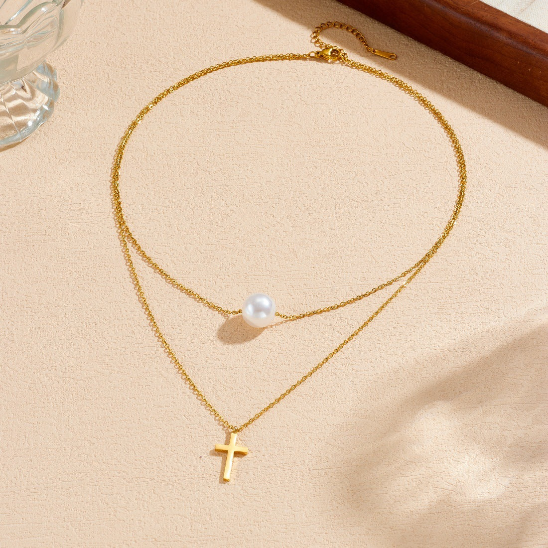 Gold Plated Stainless Steel Cross Pearl Pendant Necklace Double Layer Fine Chain for Women