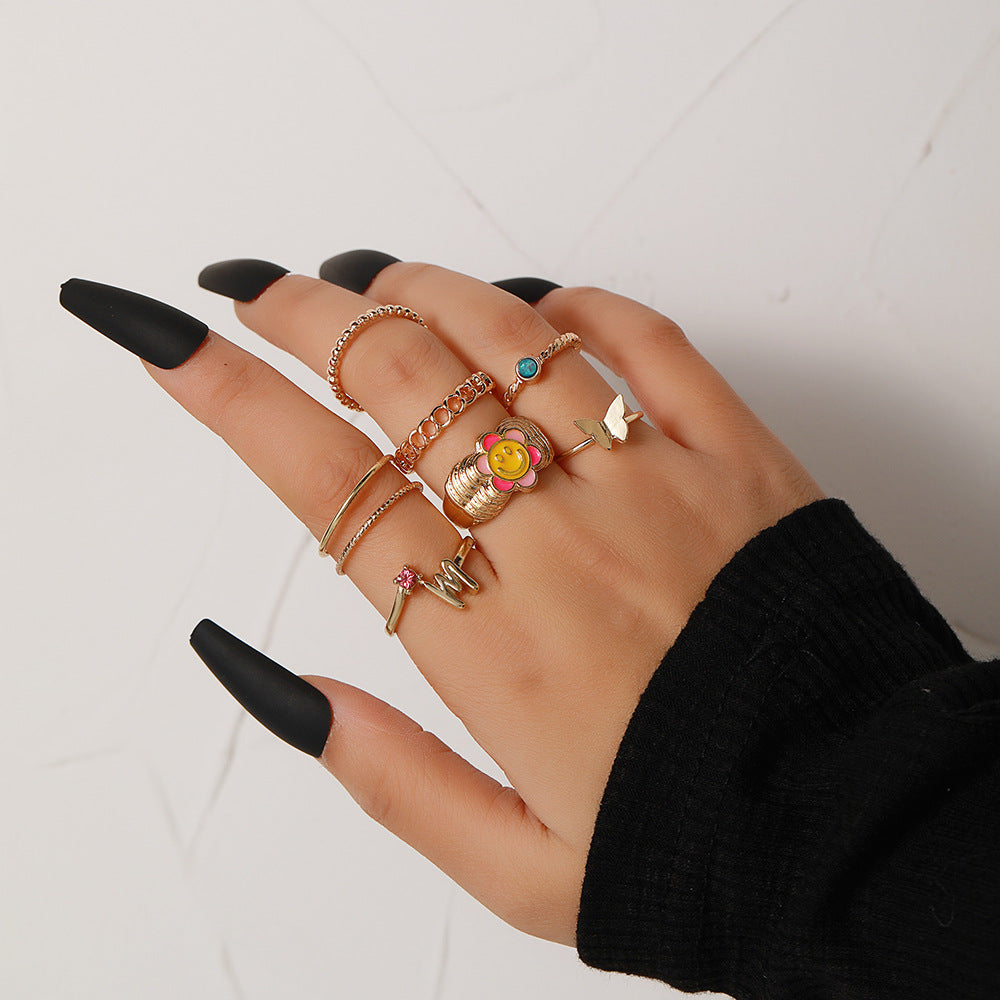 Minimalist Geometric Butterfly Rhinestone Pearl Drip Oil Alloy Ring Set for Women