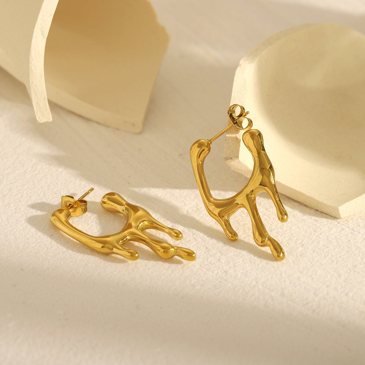 Trendy Geometric Lava Shape 18K Gold Plated Stainless Steel Stud Earrings for Women