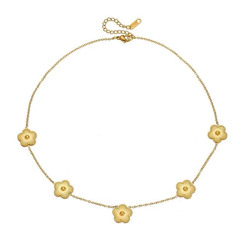 Minimalist Luxury Five-Petal Flower Necklace Set in Titanium Steel with Laser-Cut Clover Design, Electroplated Finish, Geometric Shape, O-Chain for Women
