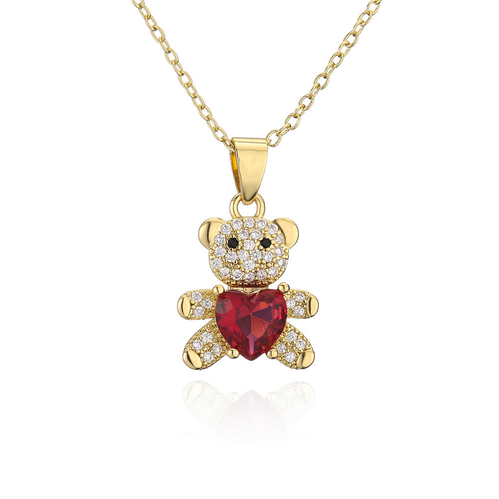 Cute Bear-Shaped Pendant Necklace in Copper with Micro-Paved Zirconia, Heart Design, Minimalist Style