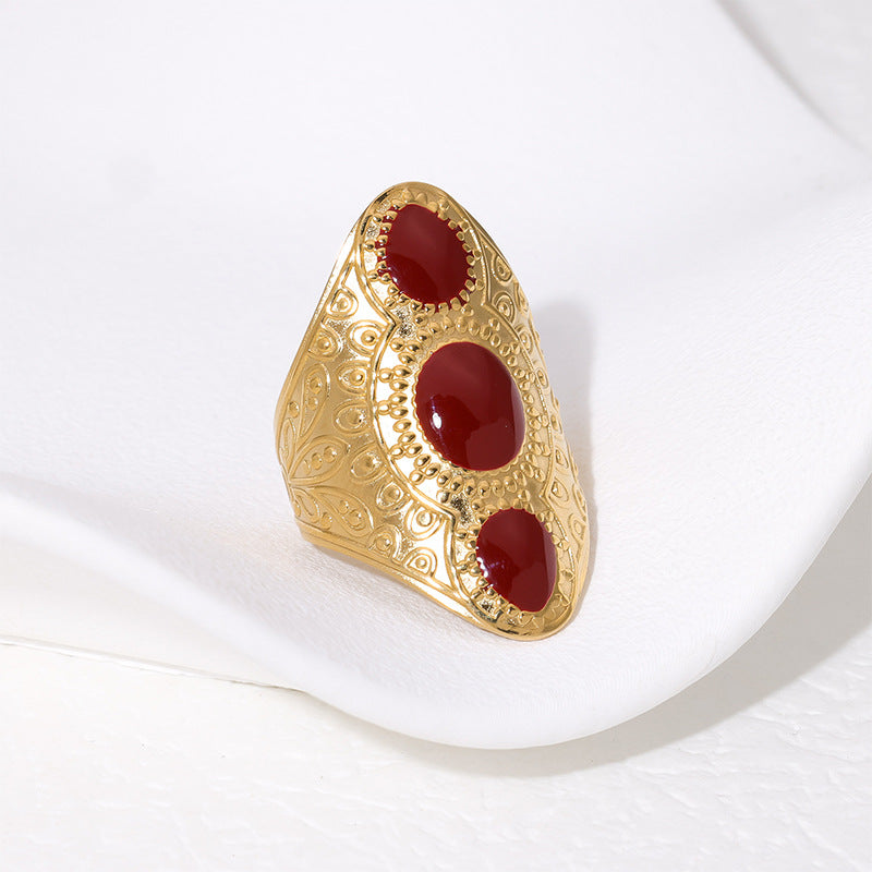 Vintage Geometric Titanium Steel Ring for Women with 18K Gold Plating and Adjustable Band
