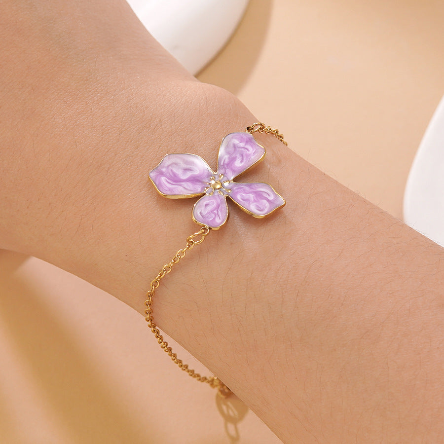 Sweet Drip Oil Floral Stainless Steel Necklace and Bracelet Set for Women