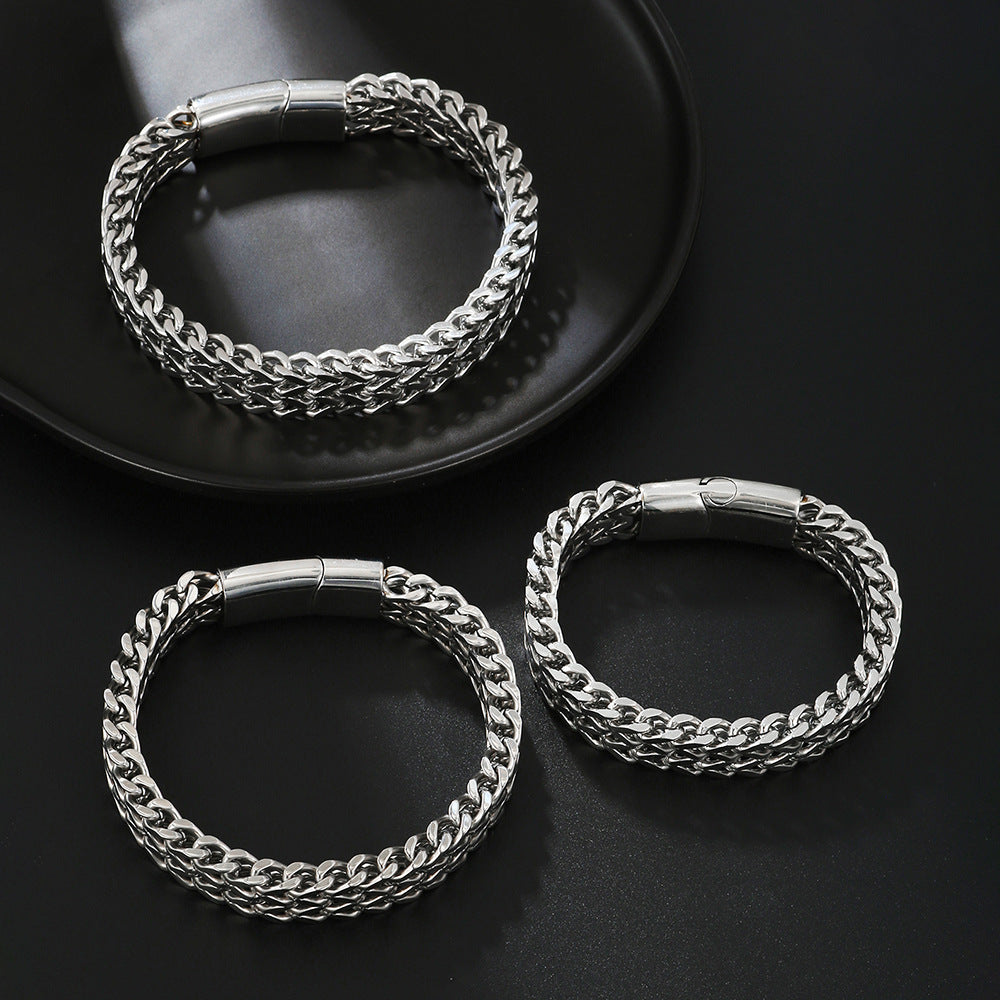 Men's Stainless Steel Plated Round Geometric Woven Double Row Dragon Bone Magnetic Clasp Bracelet