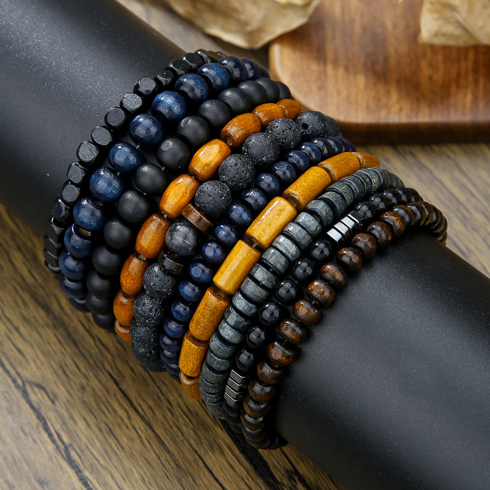Bracciale Elastico Vintage Unisex in Perle di Legno con Pietra Vulcanica e Perle Rotonde in Ossidiana Nera per Uomo e Donna