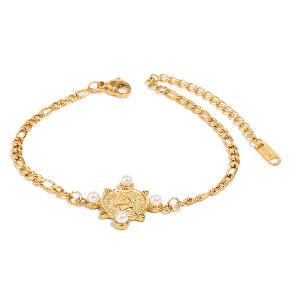 Pulsera de moneda de cadena Fígaro chapada en oro de acero inoxidable geométrica elegante vintage para mujer