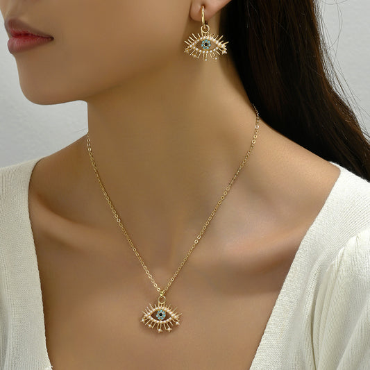 Conjunto de collar con colgante minimalista de ojo de ángel con incrustaciones de pedrería en aleación para mujer, cadena larga de clavícula y pendientes a juego