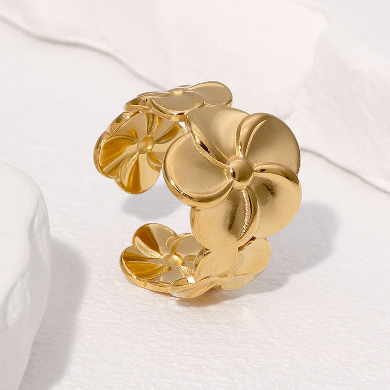 Minimalist Floral Open-Style Stainless Steel Finger Ring with Gold Plating for Women