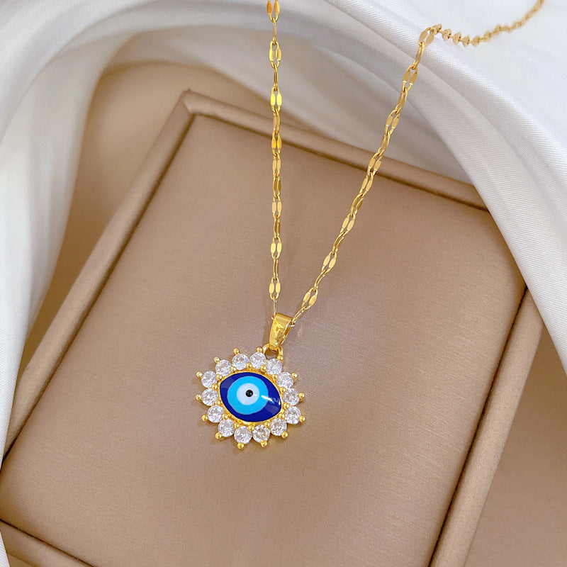 Elegant Oval Eye Pendant Necklace for Women in Titanium Steel with Plated Finish, Minimalist Geometric Design, Delicate Clavicle Chain