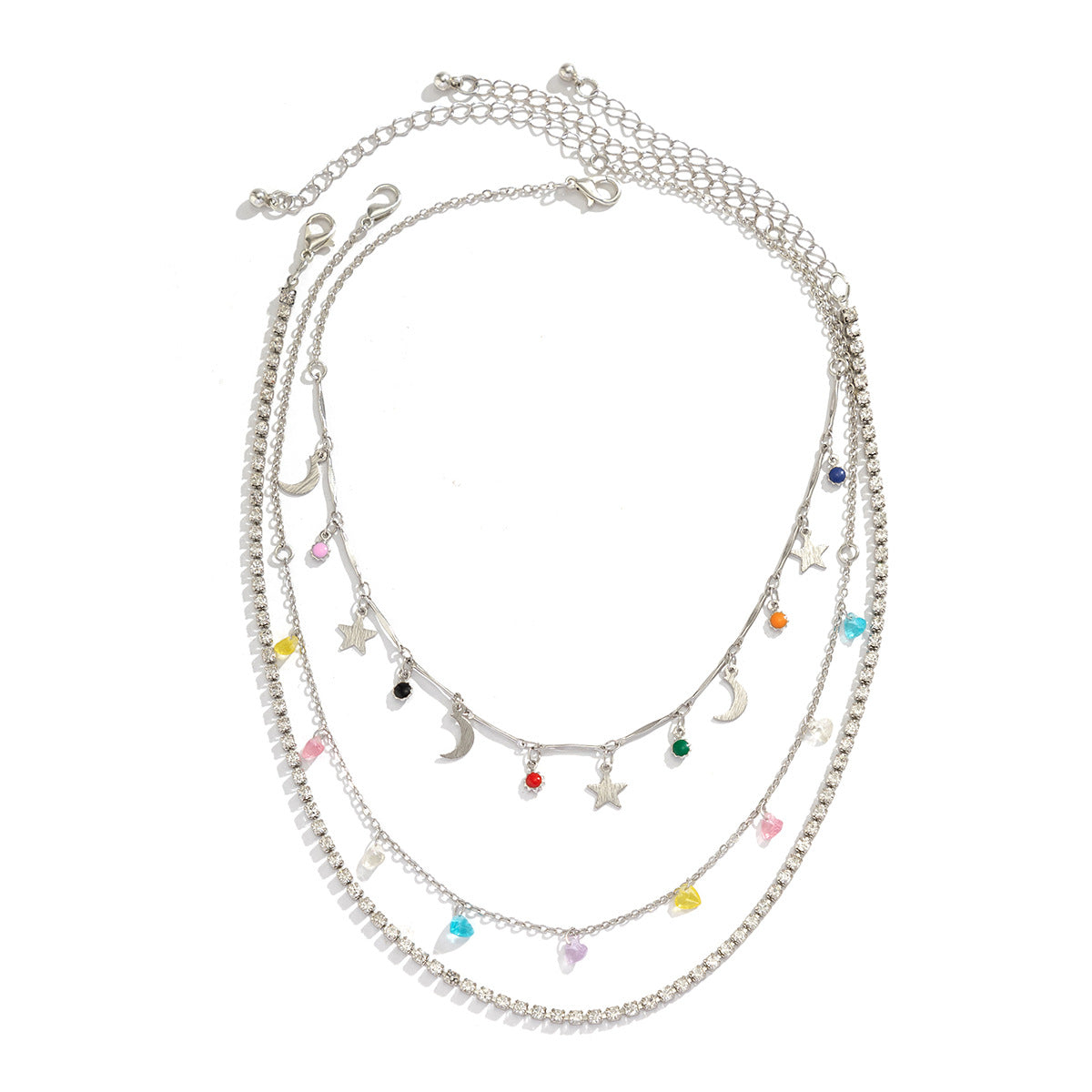 Vintage French Style Geometric Star and Moon Pendant Necklace with Tassel Detail, Electroplated Zinc Alloy on Iron Base, Delicate Layering Chain