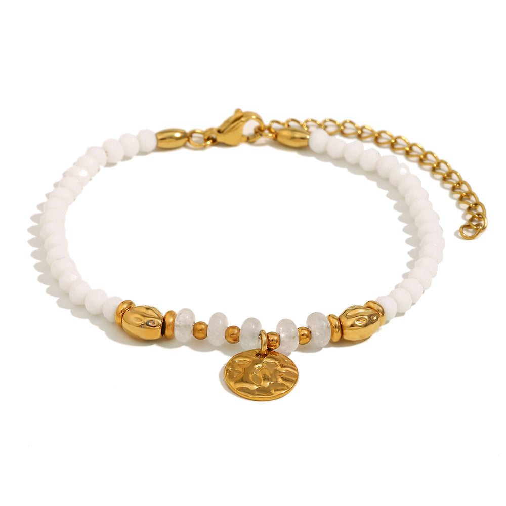 Vintage-Inspired Geometric Stainless Steel 18K Gold Plated Coin Bracelet with Natural Stone for Women