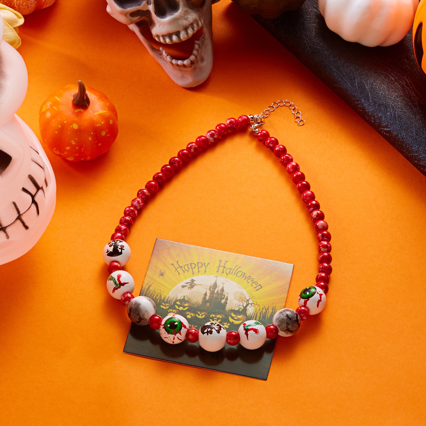 Collar gótico oscuro hecho a mano con cuentas de madera, estampado de murciélago y fantasma, colgante de forma geométrica, joyería unisex de Halloween