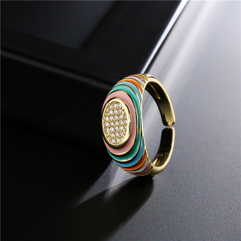 Candy Color Drip Oil Brass Geometric Ring with Micro-set Cubic Zirconia for Women