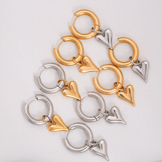 Orecchini a forma di cuore in acciaio inossidabile d'ispirazione vintage con ganci staccabili per donna, design 3D minimalista ed elegante