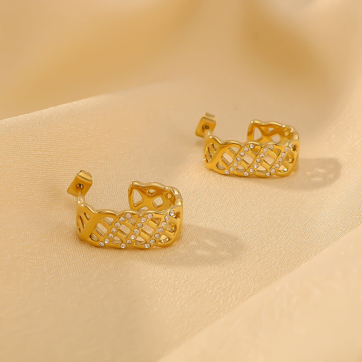 Geometric Stainless Steel Earrings with Plated 18K Gold Finish, Hollow Grid Pattern and Full Rhinestone Inlay for Women
