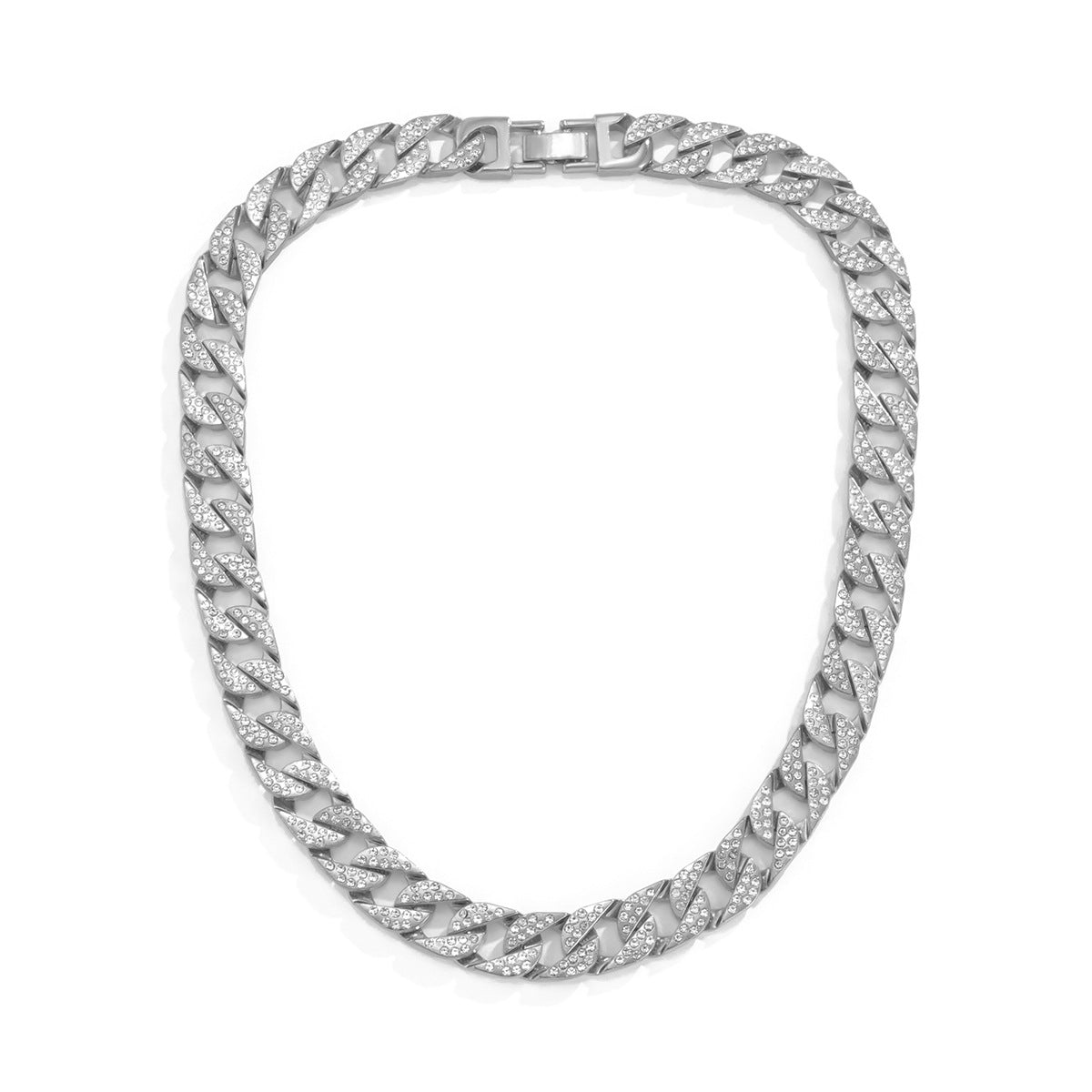 Vintage Hip-hop Geometric Rhinestone Inlay Alloy Plated Cuban Link Chain Necklace for Women
