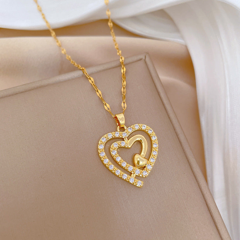 Gargantilla Minimalista de Tres Capas con Forma de Corazón de Acero Inoxidable con Incrustaciones de Diamantes de Imitación para Mujer y Hombre