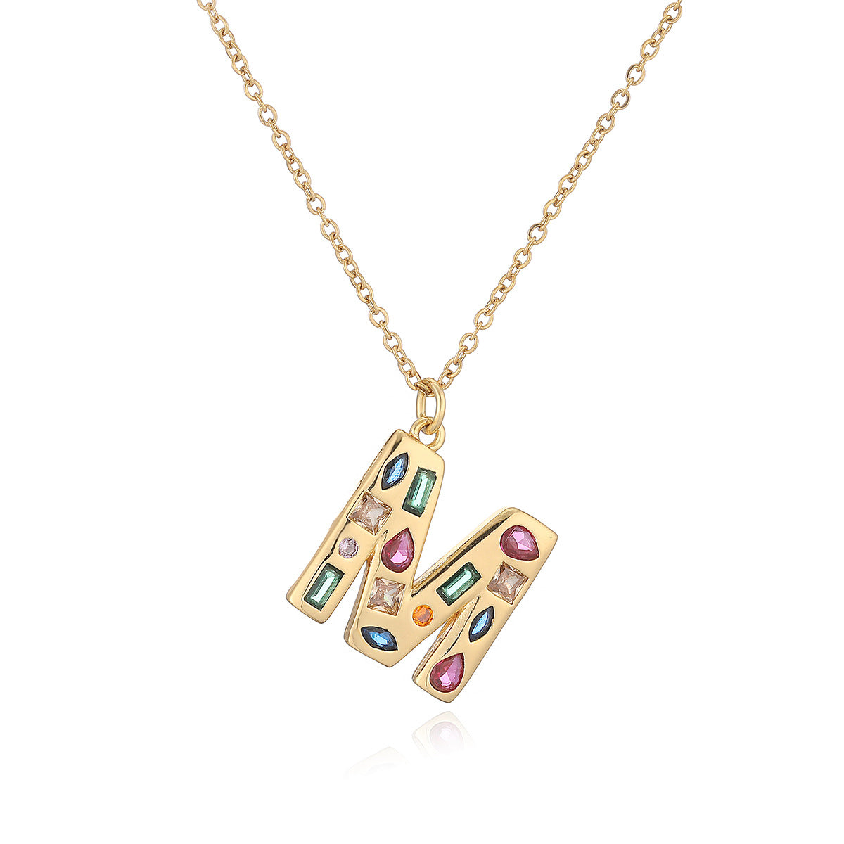 Minimalist Letter Shape Copper Pendant Necklace with 18K Gold Plating and Colored Zircon Inlay for Women