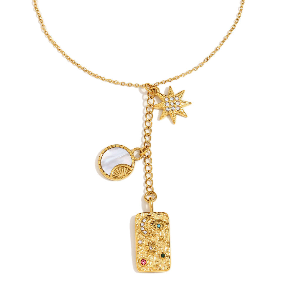 Minimalist Geometric Stainless Steel Pendant Necklace with 18K Gold Plating and Tassel Detail for Women
