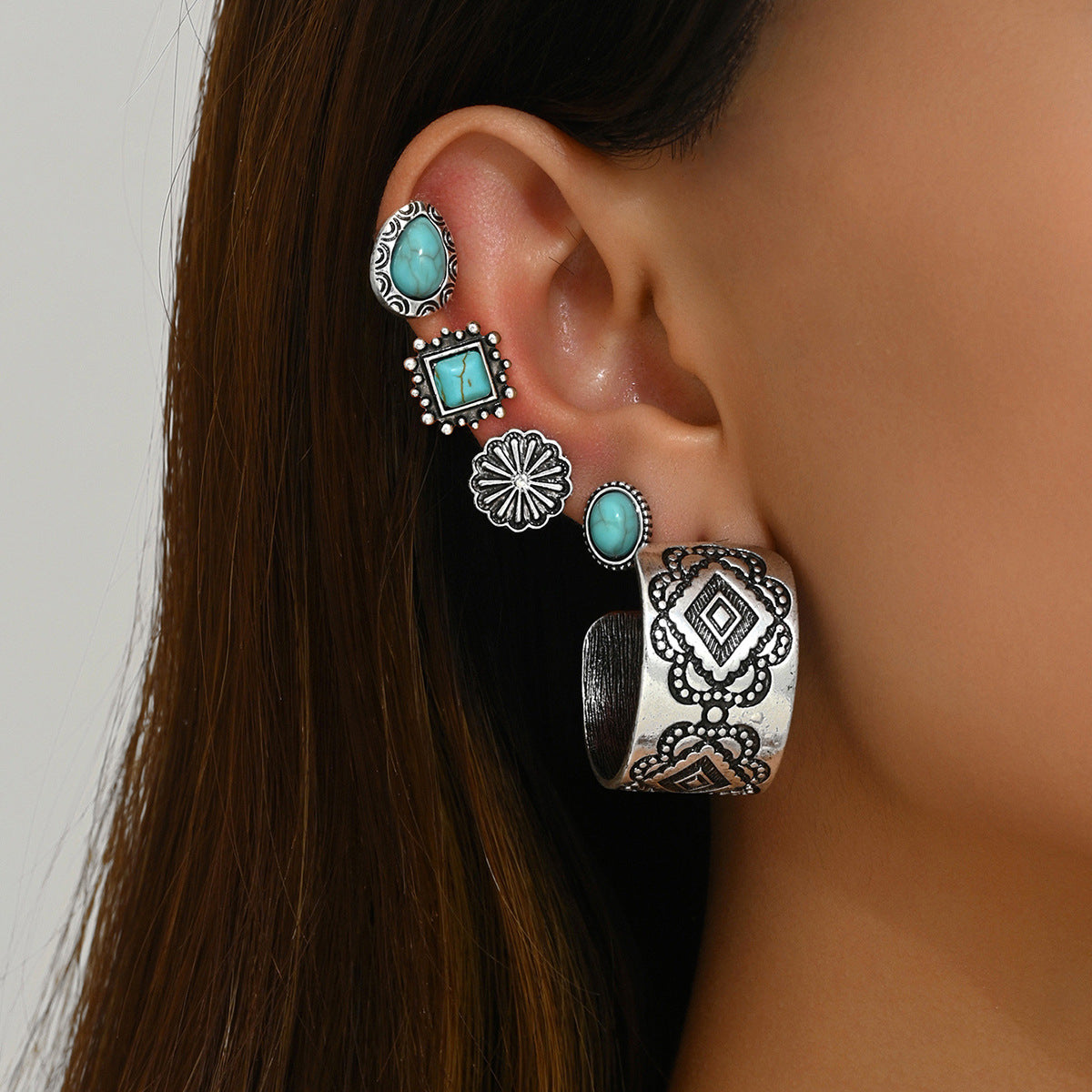 Orecchini da donna in lega in stile corte, geometrici, artistici vintage con micro-pavé di pietre turchesi