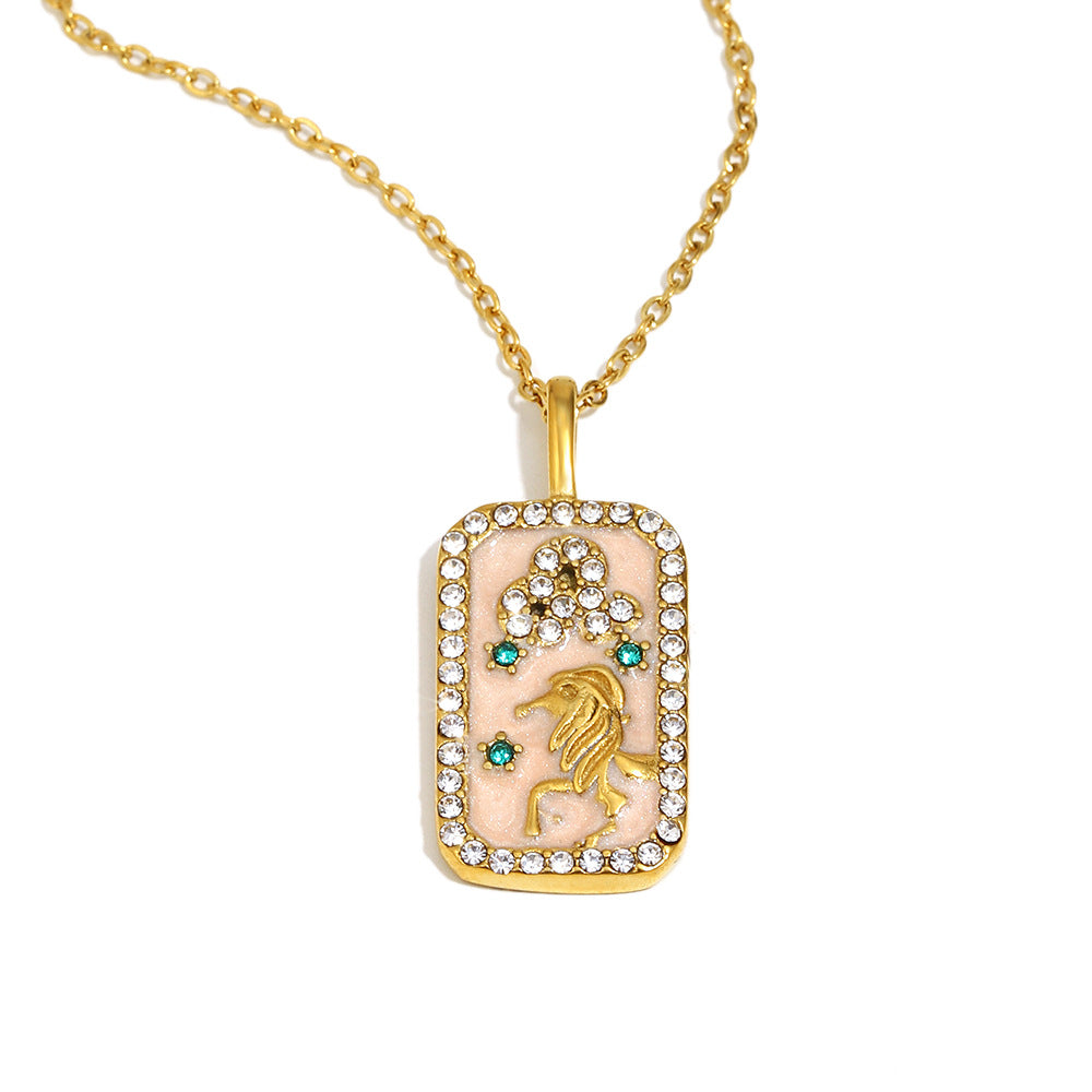 Collana con Pendente Minimalista Costellazione Zodiacale da Donna in Acciaio Inossidabile con Placcatura in Oro 18K e Intarsi in Smalto Dettagli in Strass Completi