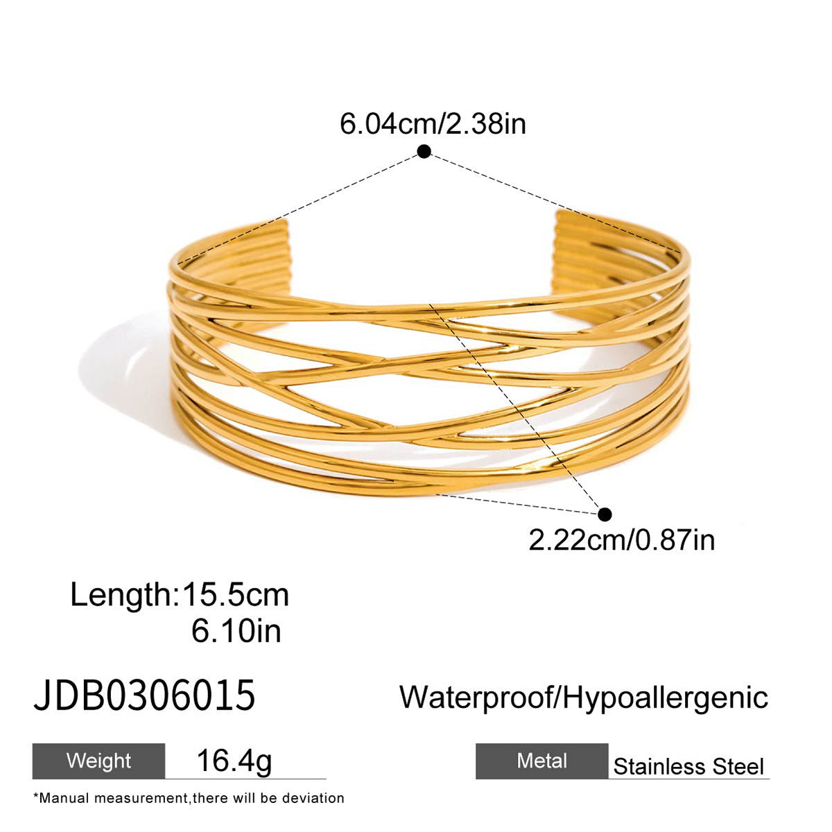 Brazalete de acero inoxidable con diseño geométrico hueco y circonitas para mujer, a la moda