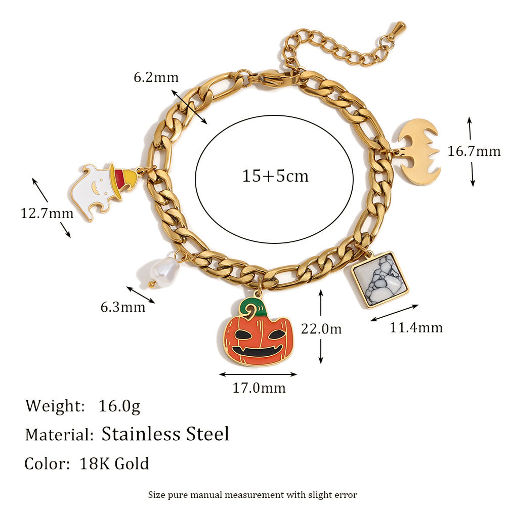 Bracciale Figaro da donna placcato oro 18 carati in acciaio inossidabile smaltato con teschio di zucca di Halloween alla moda