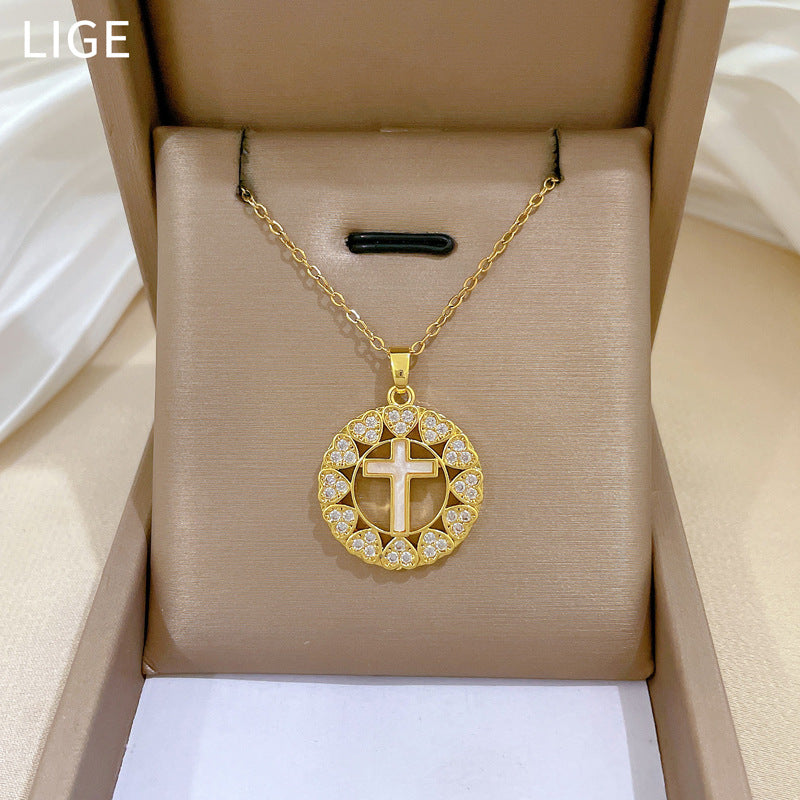 Sweet Cartoon Heart Cross Geometric Rhinestone Brass Pendant Titanium Steel Necklace for Unisex
