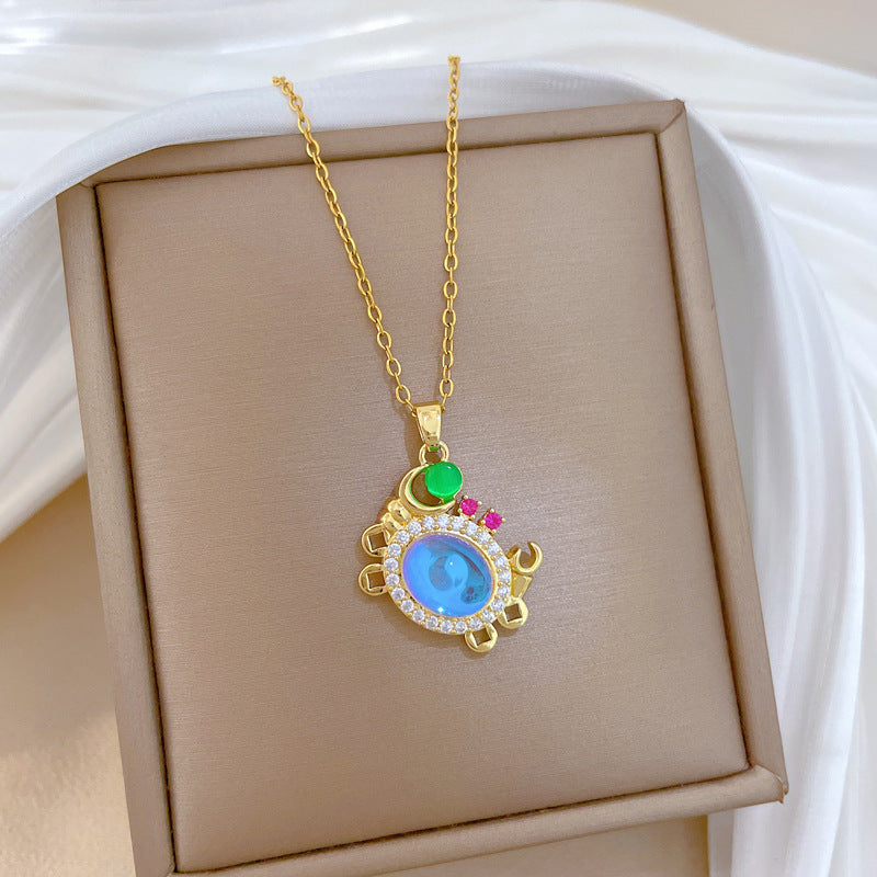 Sweet Gradient Animal Rhinestone Pendant Necklace Titanium Steel Chain for Unisex