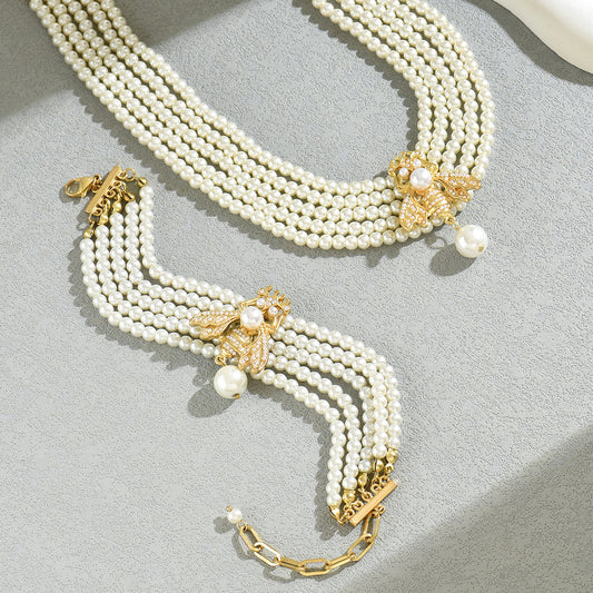 Fashionable Bee Pendant Layered Pearl Inlay Alloy Necklace and Bracelet Set for Women with Round Bead Chain