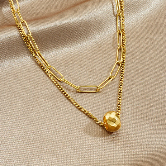 Minimalist Gold Plated Geometric Round Stainless Steel Pendant Necklace Double Layer Curb Chain