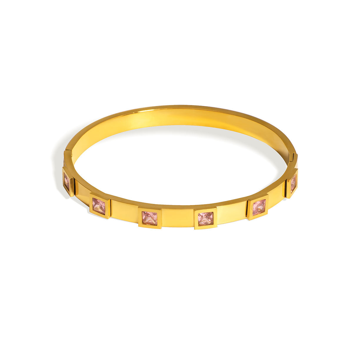 Minimalist Geometric Square-Cut Rhinestone Titanium Steel Bracelet for Women with Polished Gold Plating