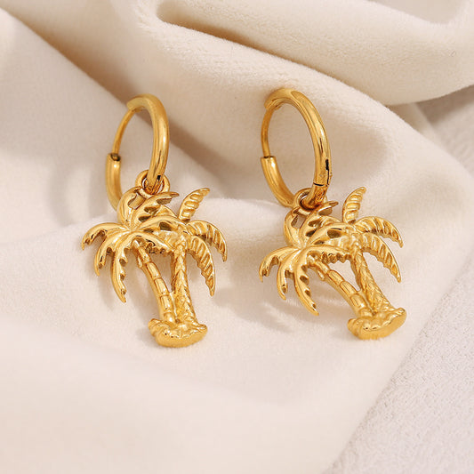 Minimalist Coconut Tree Pendant Earrings in Stainless Steel with 18K Gold Plating for Women
