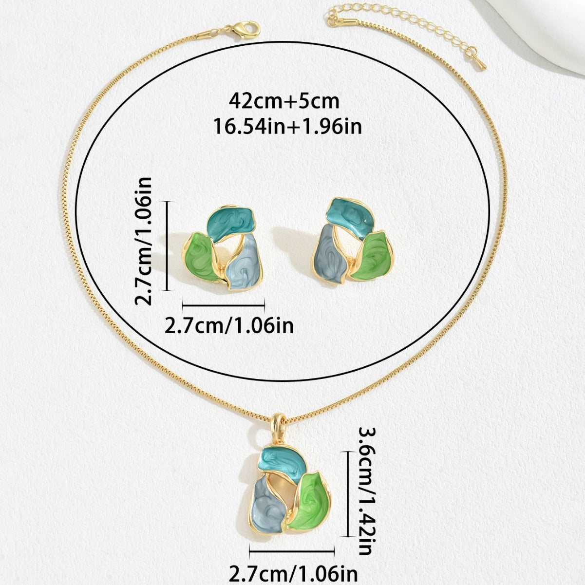 Collana lunga color rame con petali e foglie e orecchini abbinati per donna, alla moda