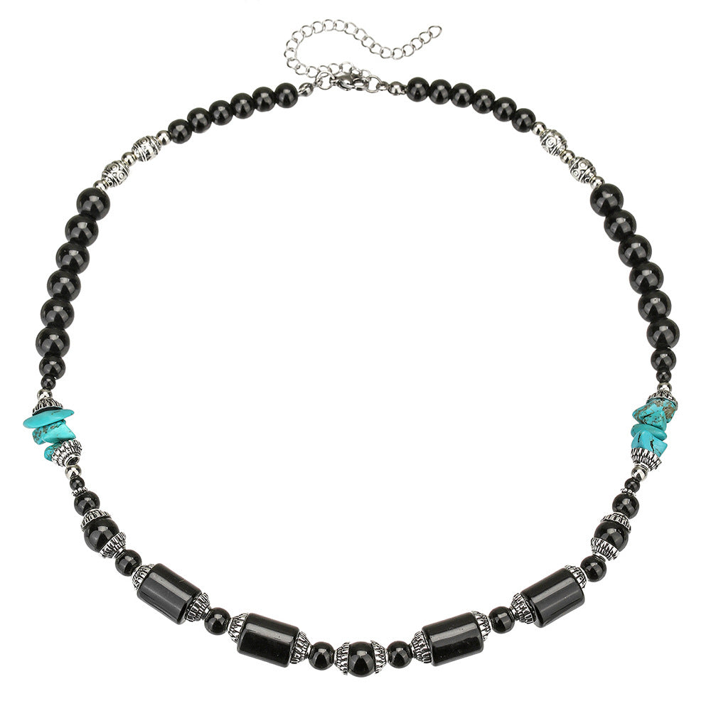 Vintage Ethnic Geometric Zinc Alloy Necklace with Turquoise and Agate Beads for Men
