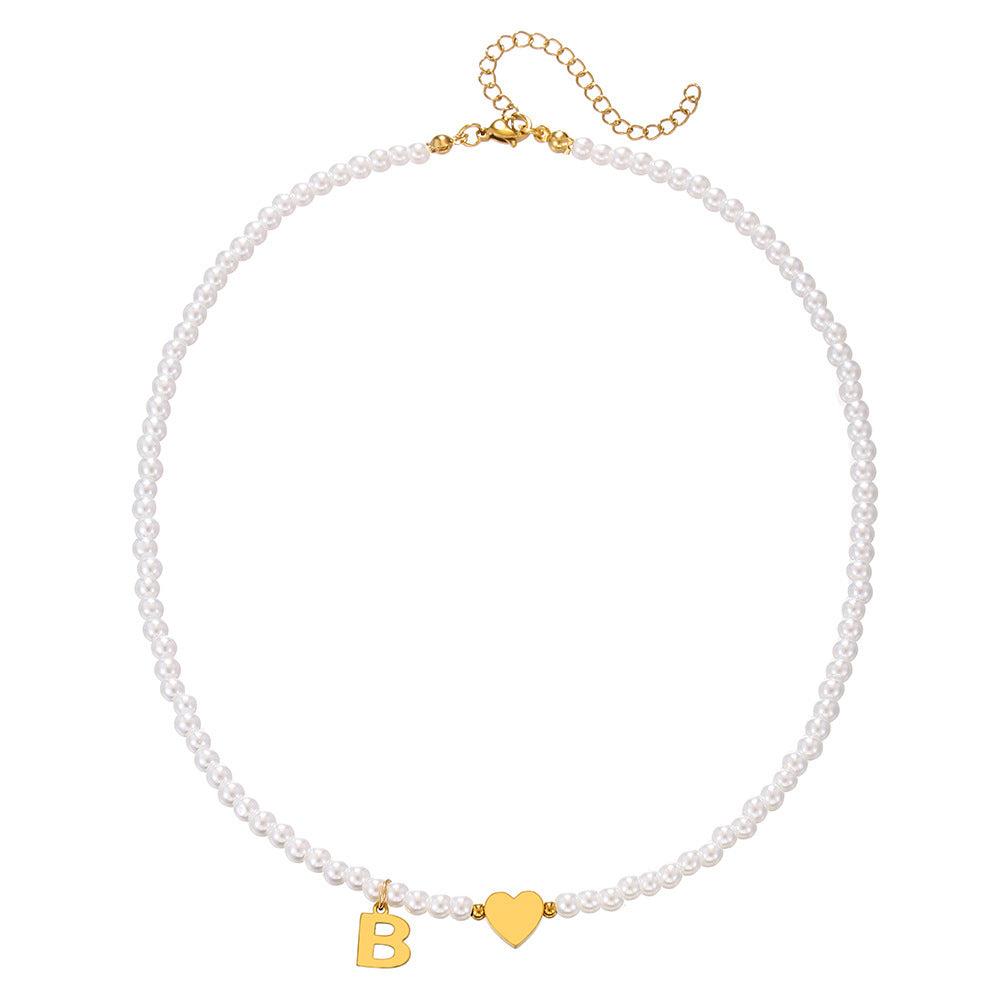 Minimalist Letter Heart Stainless Steel Pearl Necklace Women Cable Chain