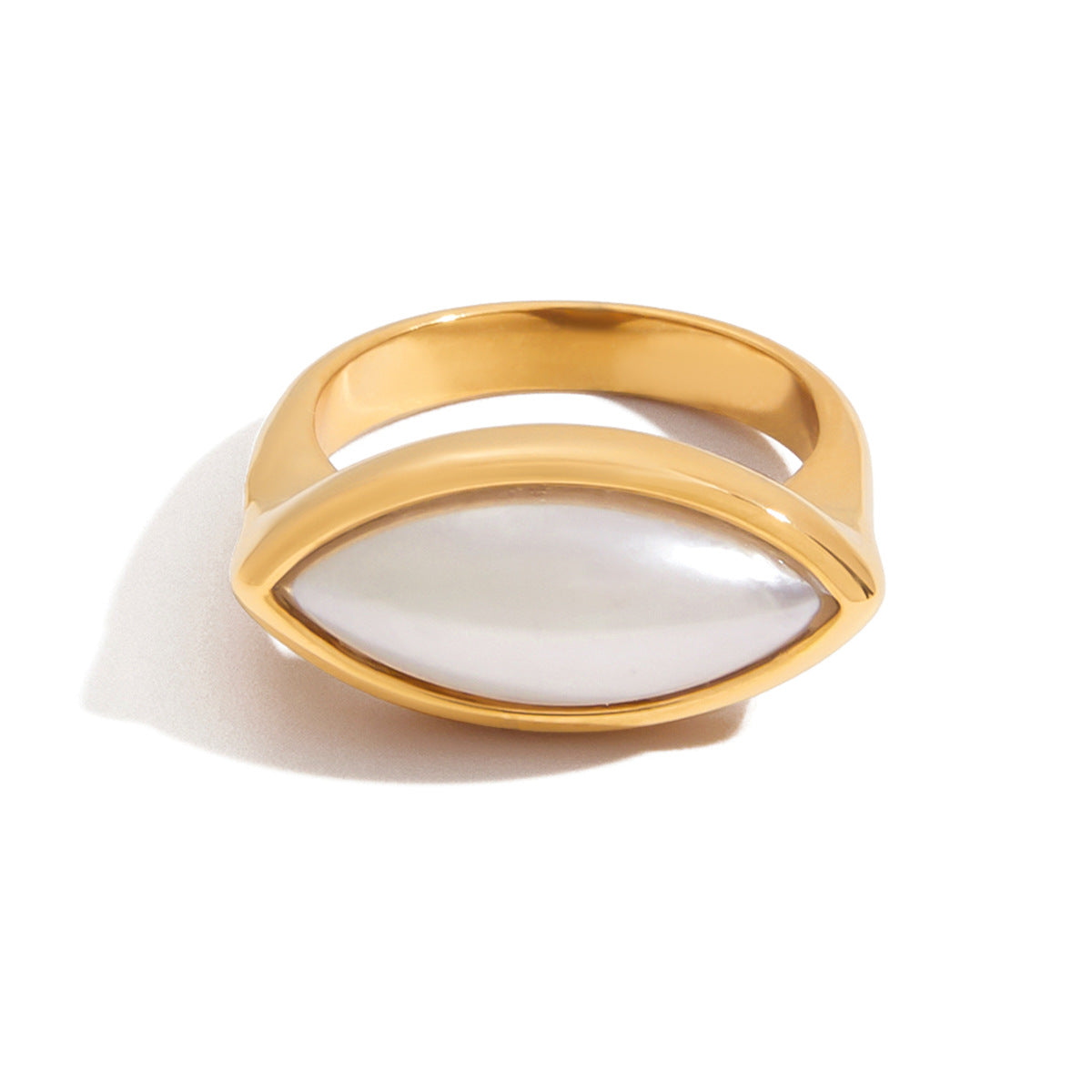 Elegant Minimalist Oval Geometric Pearl Inlay Plated Stainless Steel Ring for Women