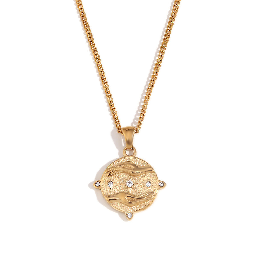 Vintage Minimalist Round Geometric Pendant Necklace in Stainless Steel with 18K Gold Plating for Women