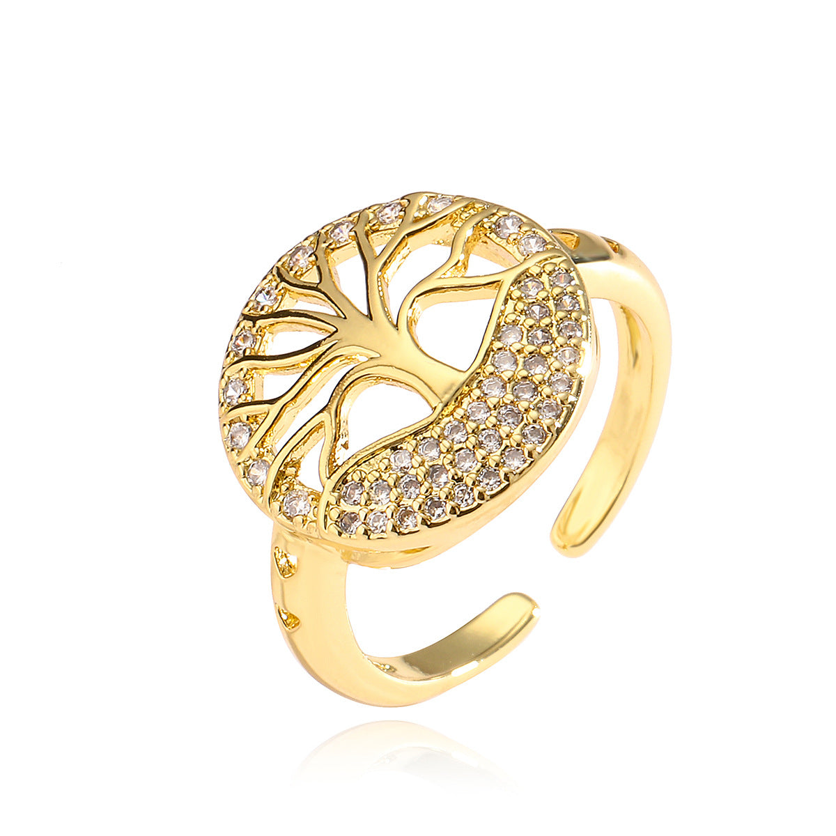 Anello aperto geometrico minimalista da donna in ottone con zirconia micro-pavé con design Albero della Vita